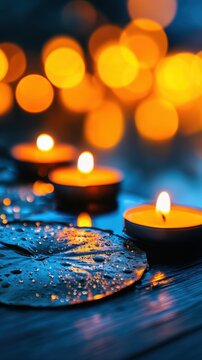 A serene scene with glowing candles on water lily leaves against a blurred warm background