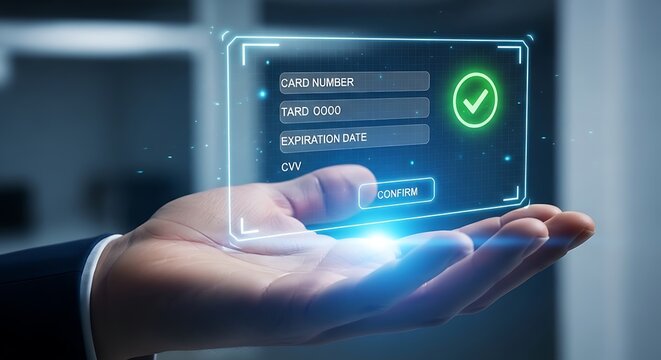 Futuristic holographic interface for secure credit card payment processing and confirmation