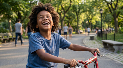Obraz premium World Bicycle Day child riding bike laughing joyfully in park outdoors for cycling celebration greeting cards social media health lifestyle marketing materials