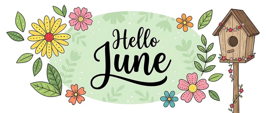 Hello june with cute flowers and birdhouse spring season greeting banner vibrant colors cheerful design perfect for monthly celebrations.