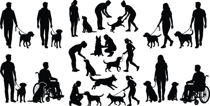Black Silhouettes Of People Walking Training And Playing With Dogs Isolated On White Background For Design Concepts