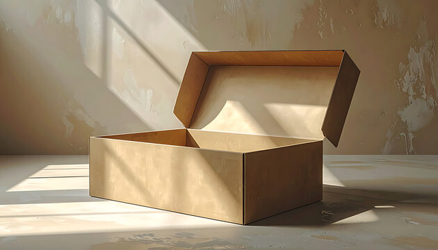 Open cardboard box casting shadows, soft natural light and textured background, ideal for packaging concepts, shipping or storage