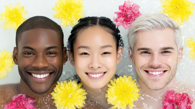 Static overhead shot of three diverse adults floating and smiling in floral milk bath with yellow and pink blossoms in studio wellness setting