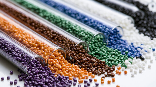 Close-up shot of vibrant multicolored plastic pellets and granules spilling out of glass laboratory test tubes on a white background, showcasing industrial polymer manufacturing and material research.