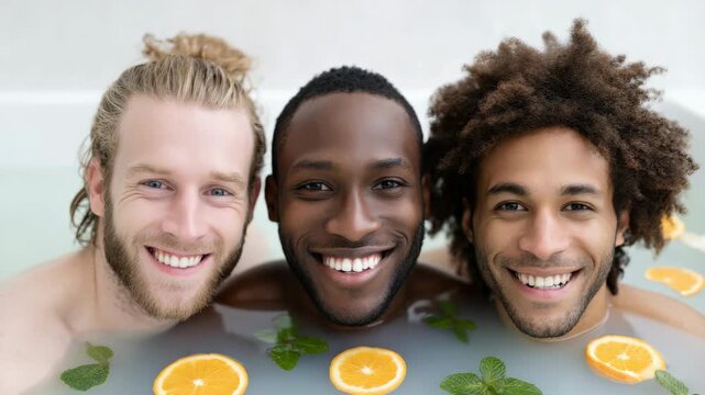 Static shot of three men smiling together in milk bath with floating orange slices and mint leaves in spa setting