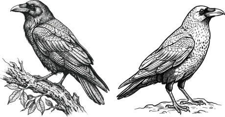 Fototapeta premium Detailed hand drawn ink sketch of a black raven and common crow isolated on a white background for nature and wildlife design