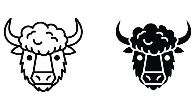 Yak or buffalo head icon set in line art and solid black vector illustration