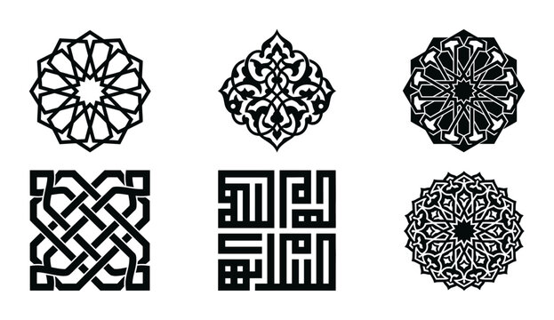 Islamic geometric patterns set, 6 black ornamental vector icons, traditional Arabic calligraphy and mandala motifs