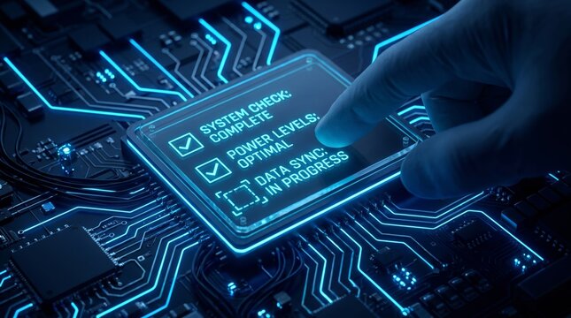 A human finger presses a vital command on a high-tech digital interface, initiating crucial data synchronization