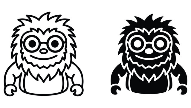 Hairy monster character icon set with glasses in line art and solid black vector