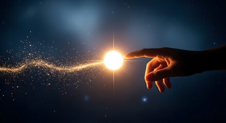 Obraz premium Finger touching bright glowing sun with sparkling light trail