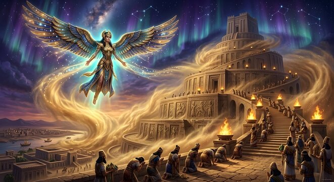 Mesopotamian Mythology: Goddess Ishtar with Golden Wings Descending upon the Tower of Babel