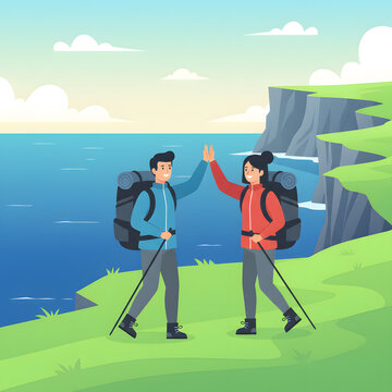 Two Hikers High Five on a Scenic Coastal Cliff Trail