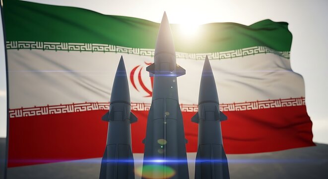 Three modern ballistic missiles positioned before the waving national flag of Iran