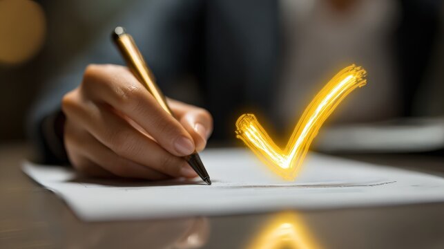 A hand holds a pen, poised to sign a document, with a glowing golden checkmark signifying approval and success. ..Created with Generative AI, not depicting real subjects.