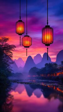 A serene landscape with glowing lanterns reflecting on a tranquil river under a vibrant sunset