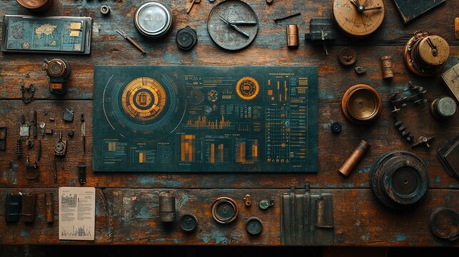 A cluttered vintage electronics workshop scene featuring a blue circuit board amidst assorted tools and components
