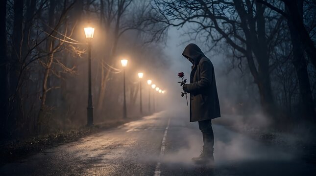 Lonely man in a hooded coat holding a red rose on a foggy night