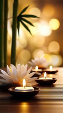 Serene candles float near a beautiful lotus flower, surrounded by calming bamboo and soft light
