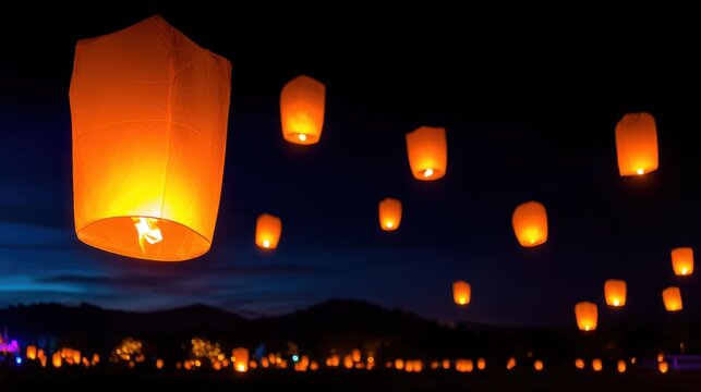 A serene night scene illuminated by glowing orange lanterns floating in the dark sky