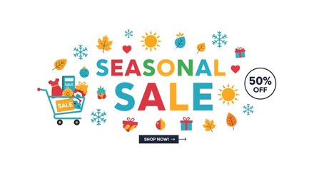 Fototapeta premium Colorful Seasonal Sale Banner with Shopping Cart and Discounts