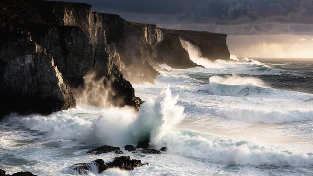 Stormy ocean cliff rugged coast sea wave rough sea crashing surf dramatic light seascape sea spray rock formation coastal rock moody sky powerful