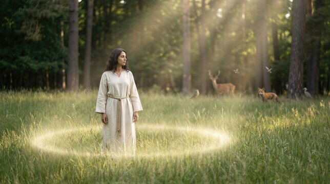 Woman standing in enchanted forest representing biblical creation of humanity on sixth day. Divine light encircling girl within lush nature wild meadow with animal wildlife scene concept.