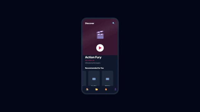 Video Streaming Entertainment Mobile App Interface Animation Showing Action Fury Movie Title Play Page with Recommendations