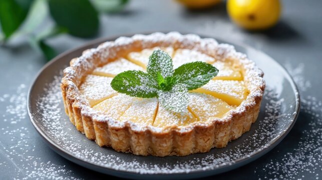 A dessert plate with homemade greengage tart topped with a dusting of powdered sugar and fresh mint leaves
