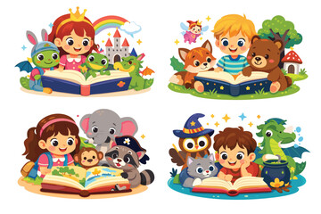 Fototapeta premium Set of Four Cartoon Illustrations of Happy Kids Reading Magic Storybooks with Friendly Animals, Dragons, and Fairytale Creatures, Perfect for Children's Education, Library, and Literacy.