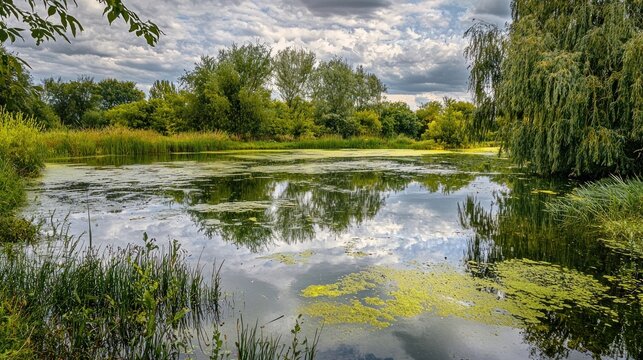 A shallow pond reflecting greenish hues from surrounding algae and overhanging willow branches on a cloudy day