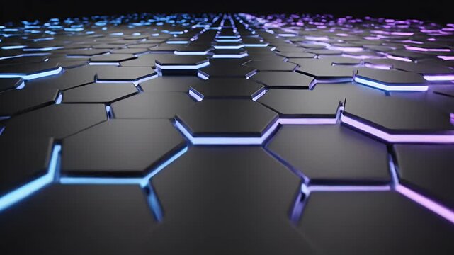 A futuristic hexagonal graphene lattice with neon blue and purple glows
