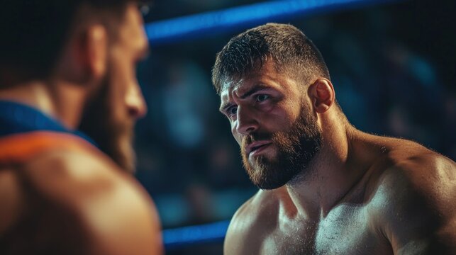 A powerful athlete using intimidating body language to psych out an opponent before a championship match