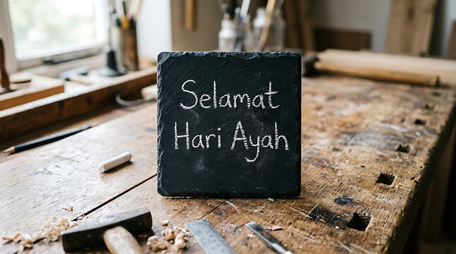 A wooden sign with 'Selamat Hari Ayah' on a cluttered workbench in a workshop