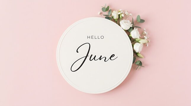 Minimalist design with white circle, white roses, eucalyptus, and text hello june, celebrating start of summer month with fresh natural beauty, simple and elegant style.
