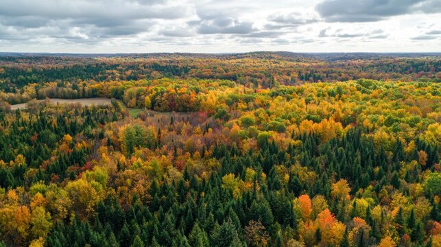 Aerial view of a vast forested landscape showing a mix of evergreen and deciduous trees changing colors in autumn