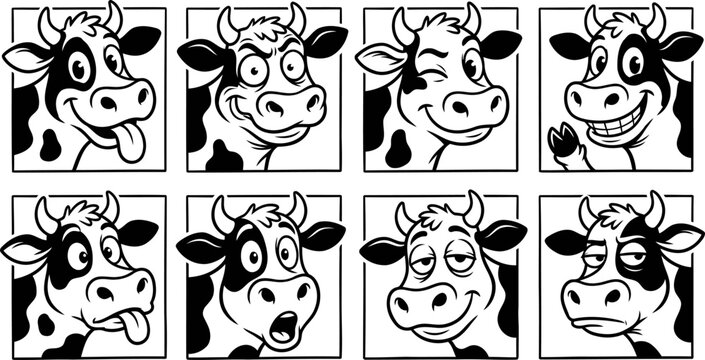 Funny cartoon cow characters expression set vector illustration with black and white spotted cows peeking through frames showing different emotions