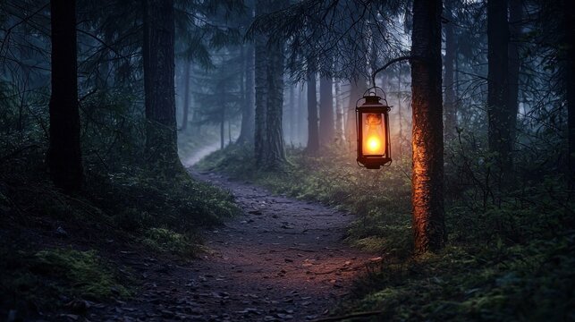 A glowing lantern casting warm light on a dark forest path surrounded by mist and tall trees at twilight