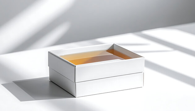 Open white box with amber liquid inside, casting shadows on a light surface with geometric patterns from sunlight and window blinds, product display