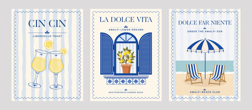 Amalfi Coast summer poster set with limoncello glasses, blue shutter window, striped beach chairs, lemon tree accents and Italian coastal typography in flat vector style.