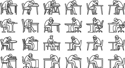 Fototapeta premium Exhausted People Sitting at Desks Icon Set Showing Burnout, Fatigue, Depression, Work Stress, Mental Health Struggle, and Emotional Exhaustion