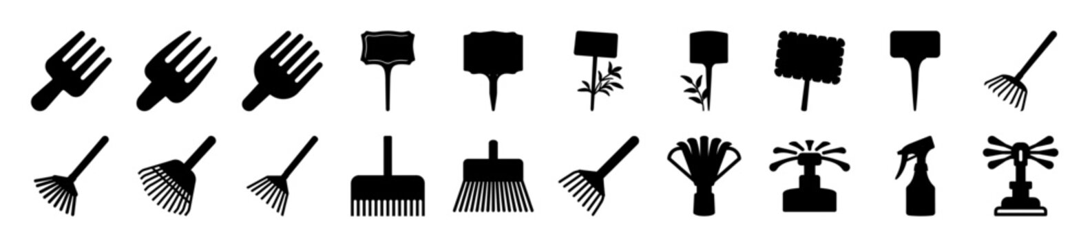 Set of sixteen garden and yard tool icons - Minimalist black and white icons of sixteen different garden and yard tools, including shovels, rakes, brooms, and shears for easy visual identification.