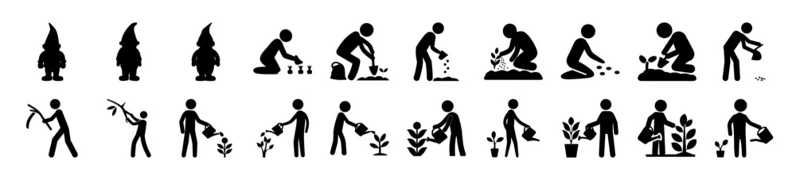 Silhouette icons of people gardening and cleaning - Flat design icons showing people engaging in gardening, cleaning, and yard work activities in a simple style.