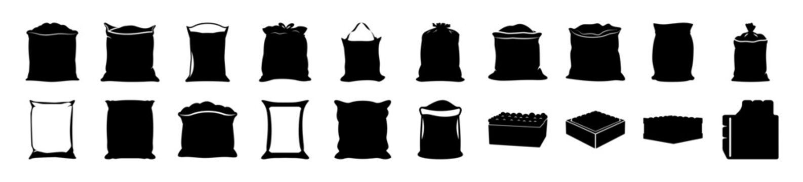 Black fabric bags with different fill levels - Eight stylish black bags in a row showing varying amounts of contents inside, ideal for design and illustration projects.