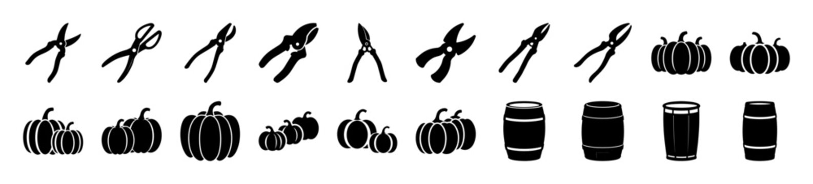Black and white flat style pliers icons set - A clean set of six flat-style pliers icons in black and white, perfect for design projects needing simple hand tool graphics.