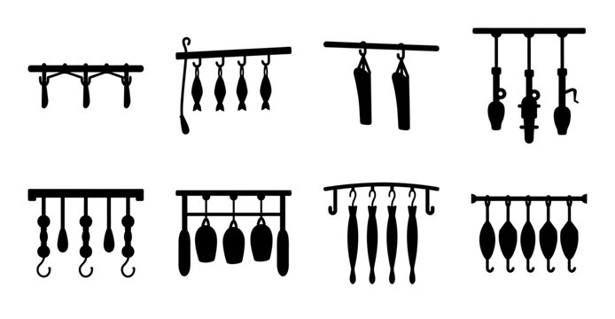 Black hanging coat hooks on wall with scarves - Minimalist vector illustration of black coat hooks mounted on a wall, holding various scarves and bags in a clean, modern style.