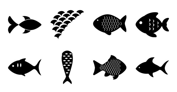 Black and white fish icons set with patterns - A clean set of eight stylish fish icons in black and white with unique patterns and designs for various uses.