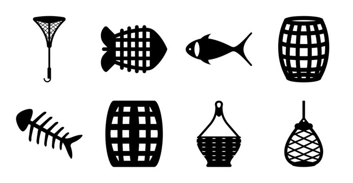 Fishing Nets and Fish Trap Silhouette Collection- Set of fishing net, fish trap, basket trap, and fishbone silhouettes representing traditional fishing equipment and seafood themes.