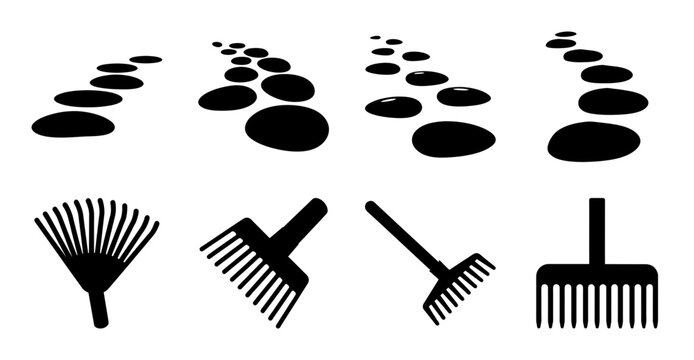 Black rake and leaf rake garden tools set - Minimalist black and white illustration of a rake and leaf rake tools arranged neatly with footprints.
