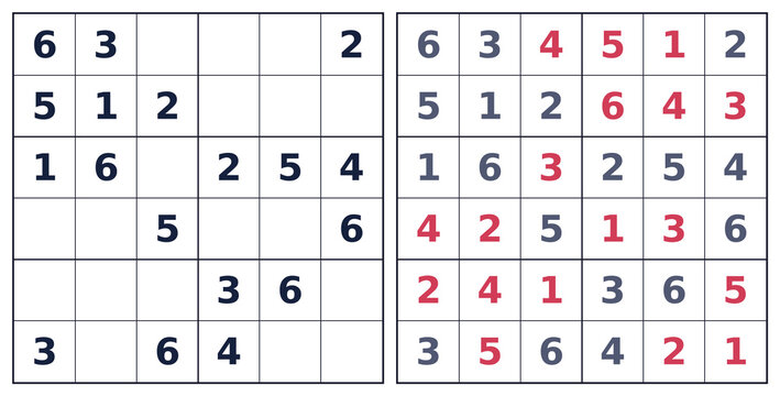 High contrast 6x6 Sudoku red and black. Transparent PNG clean grid for worksheets